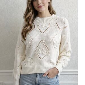 LOFT Cream Diamond Open Weave Bobble Pullover Sweater Small